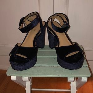 Gunmetal Navy Blue Velvet ankle strap sandal.